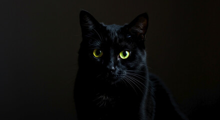 Obraz premium Black Cat with Bright Green Eyes in Dark Room