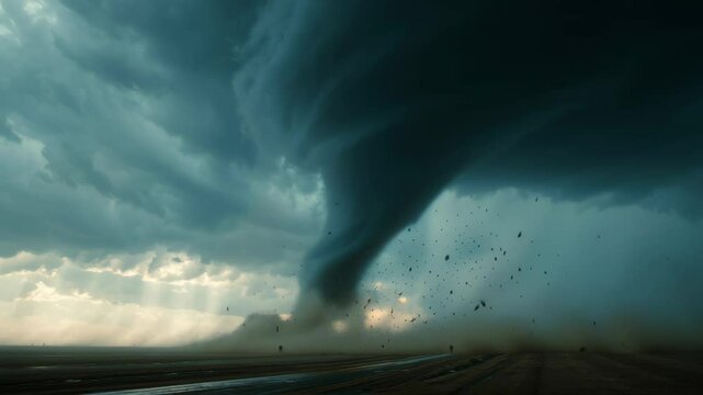 A huge tornado touches down on a field, causing destruction. Powerful storm rotating cloud building on dark sky footage.