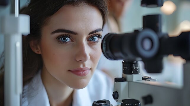Young woman undergoing eye exam using slit lamp. Focus on blue eyes and optometry equipment. Eye health checkup awareness for AMD Low Vision Awareness Month