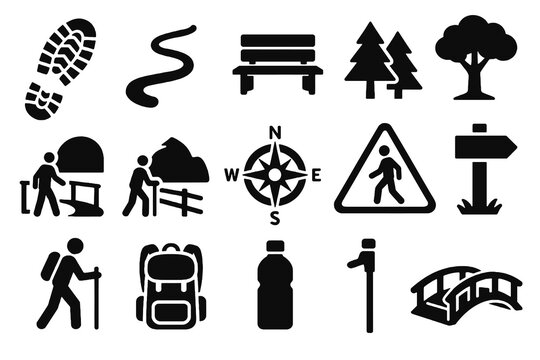 Black icons on white background for relaxed walks. Minimal vector for slow tourism design.
