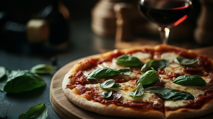 Delicious margherita pizza with fresh basil and a glass of red wine at a cozy restaurant in the evening