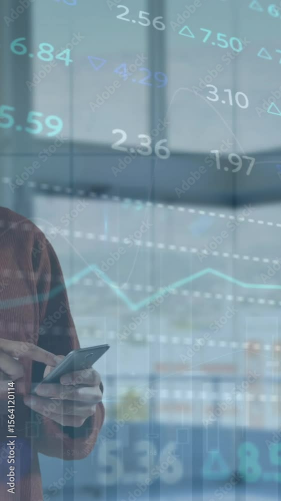 Poster animation of stock market data processing against caucasian man smiling while using smartphone