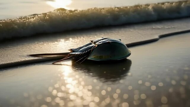 Horseshoe crab on beach at sunset with sunlight reflecting in shallow waves