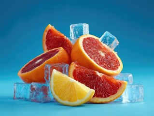 Sliced Citrus Fruits and Ice Cubes Displayed on a Blue Background
