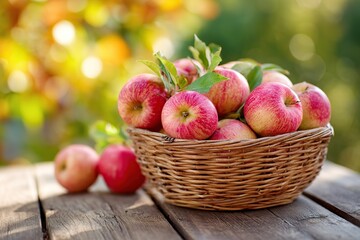 Harvesting fresh apples in a woven basket on a rustic wooden table