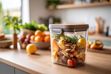 Compost bin filled with kitchen scraps in modern kitchen setting with fresh produce