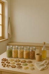 Modern Kitchen Pantry with Grains, Beans, and Cookbooks