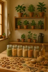 Modern Kitchen Pantry with Grains, Beans, and Cookbooks