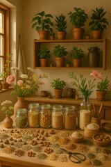 Modern Kitchen Pantry with Grains, Beans, and Cookbooks