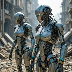 Fototapeta premium Two Advanced Humanoid Robots Standing Amidst Rubble in a Ruined Urban Street