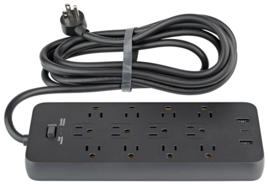 Power strip. Surge protector with 12 Outlets, USB and USB-C Ports type A class 5V 2.1A. Extension electric cord. Black cord, with flat plug. Wall Mount, desktop charging station for home, office, dorm
