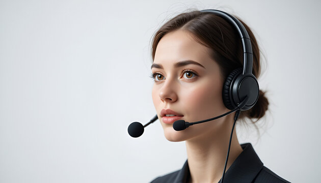 Focused young woman with headset portrays professional customer service, ready to assist callers with support and solutions. - Powered by Adobe