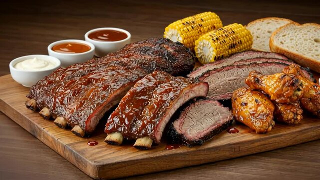 Delicious BBQ platter with ribs, chicken, brisket, and corn