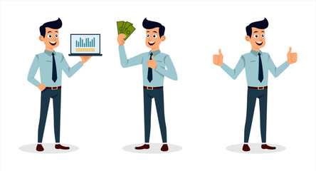 Businessman Character Set with Laptop, Money, and Thumbs Up Gesture with Flat Illustration style