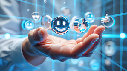 Hand holding futuristic glowing positive feedback emojis: customer satisfaction, digital technology, positive user experience.