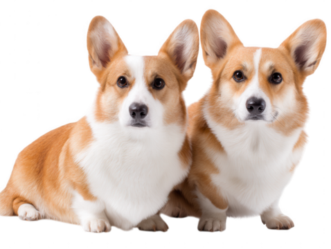 Two Adorable Pembroke Welsh Corgis Sitting and Looking Forward on a White Background