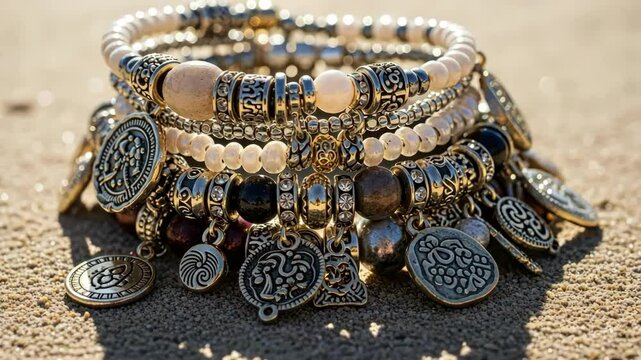 Close-up of beaded bracelets with charms on sandy beach in sunlight, accessories and fashion