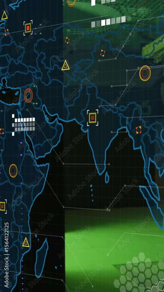 Poster animation of microprocessor connections over world map against computer server room