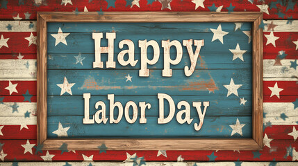 rustic wooden background, big text " Happy Labor Day" in a frame , only the text is in the colors of the usa flag. Background mockup for labor day. 