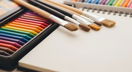 Naklejka premium Art supplies featuring paintbrushes crayons and a sketchbook ready for creative expression on a white table