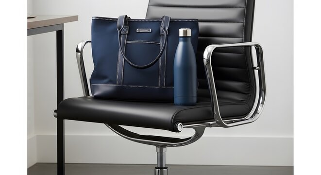 A navy tote bag and a blue water bottle sitting on a black leather office chair in a bright room - Powered by Adobe