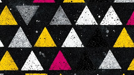 Abstract geometric pattern with triangles in yellow white gray and pink on black.
