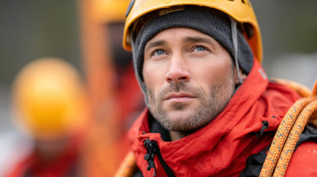 Mountain rescue preparation drill scene with guide demonstration for safety training