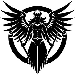 Winged warrior holding spears in circle black silhouette vector illustration