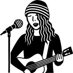 Illustration of a woman with a beanie singing into a microphone and playing the guitar artfully drawn silhouette