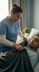 Obraz premium A healthcare worker gently covers a resting patient with a blanket in a calm, well-lit room.