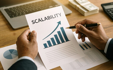 Businessman's hands holding paper with scalability graph and financial growth analysis report documents on desk, strategic planning and data evaluation in corporate office, financial success concept