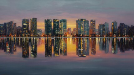Obraz premium City skyline reflection at sunset urban tranquility modern architecture