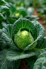 Fototapeta premium Close up of a cabbage head growing in a field, showing the tightly packed, deep green outer leaves