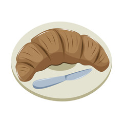 Croissant on a plate with a butter knife. Isolated vector illustration on a white background. Coffee baking. French traditions.