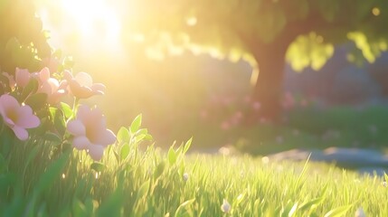 Obraz premium Golden Hour Meadow, Pink Flowers and Lush Green Grass in Sunlight