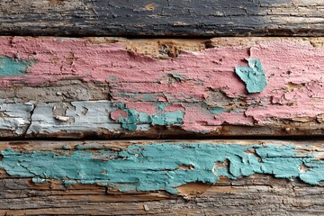 Weathered wooden planks with peeling pastel paint layers texture background
