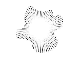 Circular audio wave pattern created with black dots. The vector design represents sound waves and music visualization in a minimalist style.