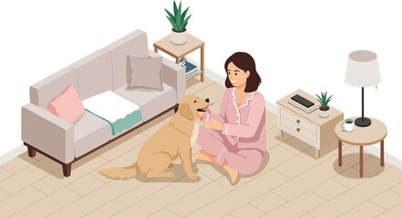 Fototapeta premium Woman in pink pajamas playing with golden retriever dog in cozy modern living room with soft lighting and home plants 