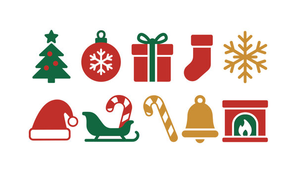 Colorful christmas icons set: tree, ornament, gift, stocking, snowflake, santa hat, sleigh, candy cane, bell, fireplace