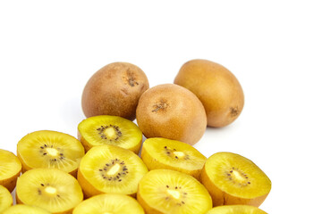 Gold kiwifruit with vibrant yellow flesh displayed on a clean white background, showcasing fresh fruit's natural beauty and inviting appeal for culinary and health-related uses