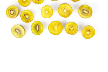 Gold kiwifruit with vibrant yellow flesh arranged on a clean white background, showcasing the...