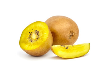 Gold kiwifruit with vibrant yellow flesh, sliced and whole, displayed on a clean white background,...