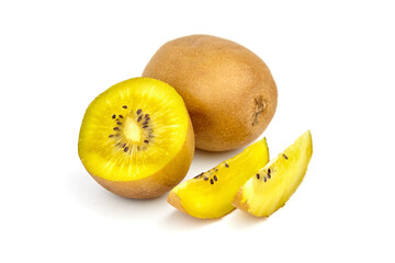 Gold kiwifruit with vibrant yellow flesh displayed on a clean white background, showcasing its...