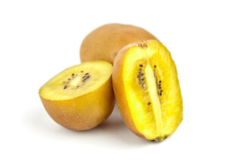 Gold kiwifruit with vibrant yellow flesh displayed on a clean white background, showcasing its unique texture and natural beauty, perfect for culinary and health-related concepts