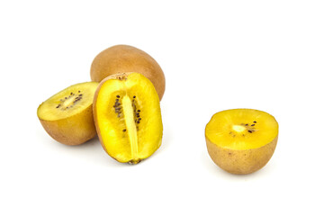 Gold kiwifruit with vibrant yellow flesh displayed on a clean white background, showcasing its unique texture and natural beauty, perfect for culinary and health-related themes