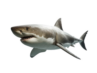 Fototapeta premium A powerful great white shark swimming with its mouth open, isolated on a clean white background for easy editing.