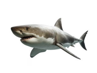 A powerful great white shark swimming with its mouth open, isolated on a clean white background for easy editing.