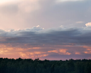 Dramatic sunset over a lush forest landscape, with vibrant hues of orange and pink illuminating the sky, creating a serene and tranquil atmosphere in nature's beauty