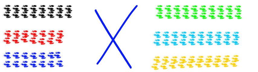 Colorful Abstract Arrangement on Transparent Backdrop A Vibrant Display of Black Red Blue Green Cyan and Yellow Elements Intertwined with a Bold Blue X Shape