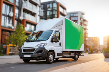 Delivery truck parked on city street amid urban buildings during golden hour